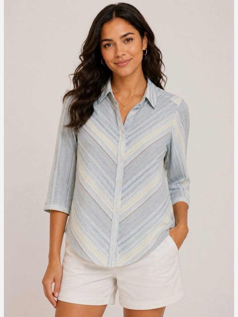 Chico’s No Iron 100% Linen Blue Stripe Tunic Button Front Shirt Size 2 (L)